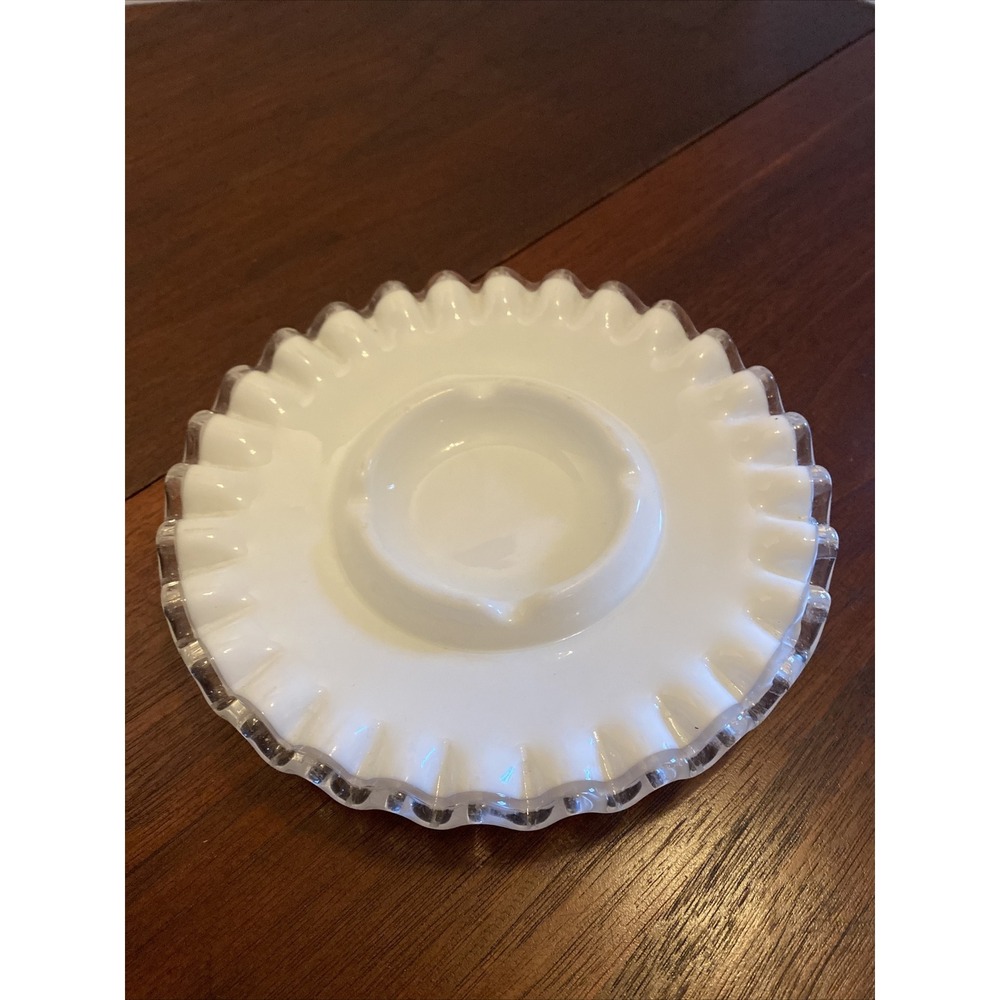 Fenton Silver Crest Ashtray - Vintage Milk Glass w/ Clear Glass Trim